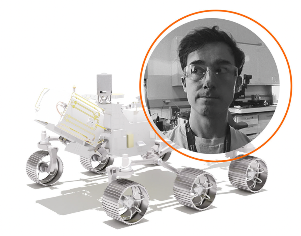 An artistic image of the Perseverance Mars rover in light grey, in front and above it is a red circle with a black and white photo of Joby's face
